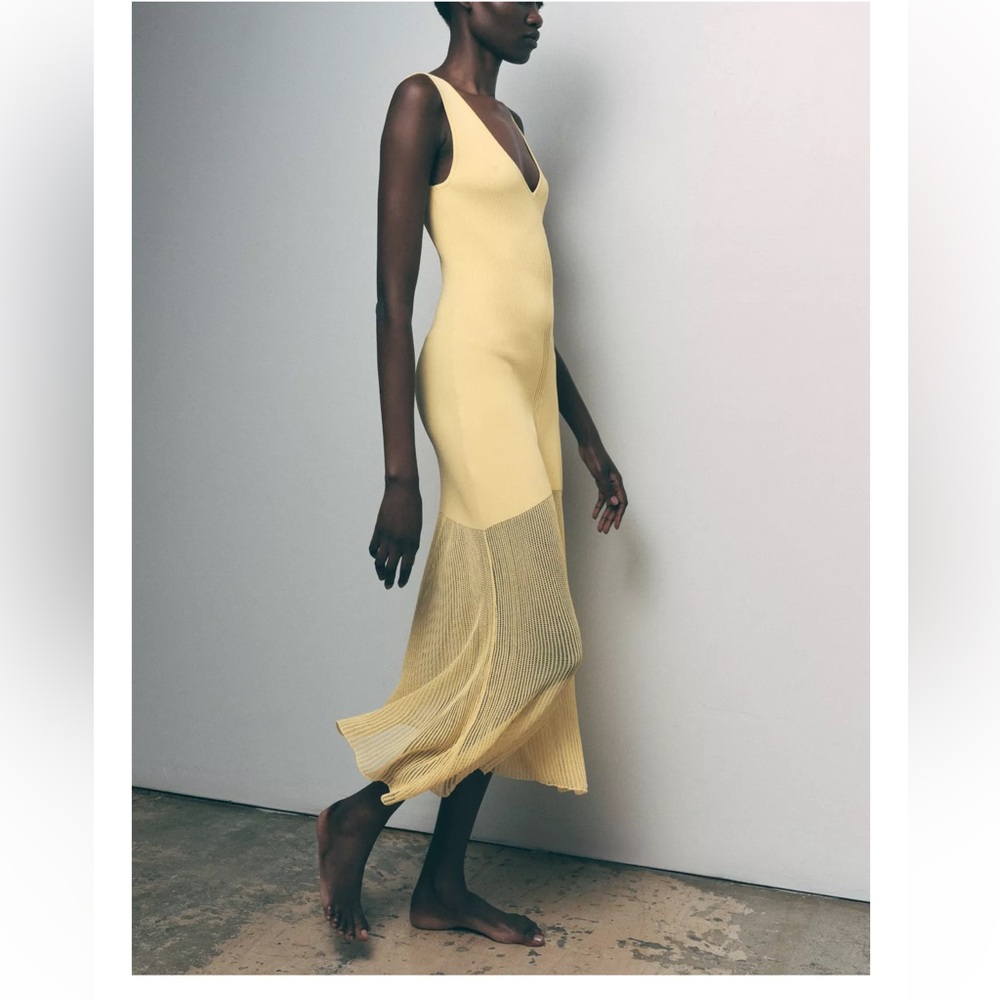 Zara Yellow Midi Rib Knit Midi Dress